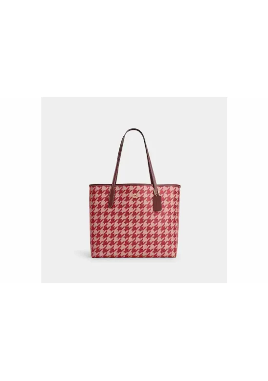 Coach City Tote with Houndstooth Print Pink Red Women