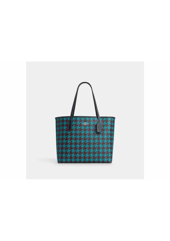Coach City Tote with Houndstooth Print Teal Wine Women