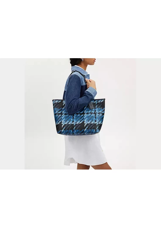 Coach City Tote with Graphic Plaid Print Blue Multi Women