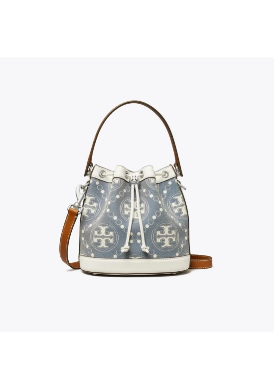 Tory Burch T Monogram Denim Bucket Bag Pearl Blue Women