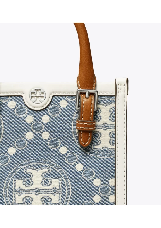 Tory Burch Mini T Monogram Denim Tote Pearl Blue Women