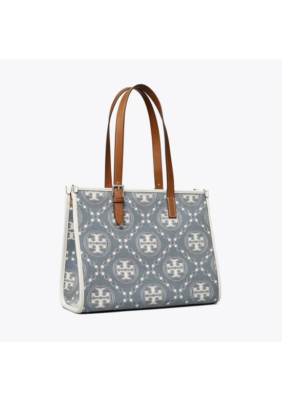 Tory Burch Small T Monogram Denim Tote Pearl Blue Women