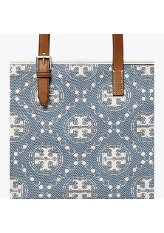 Tory Burch Small T Monogram Denim Tote Pearl Blue Women