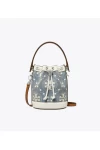 Tory Burch Mini T Monogram Denim Bucket Bag Pearl Blue Women