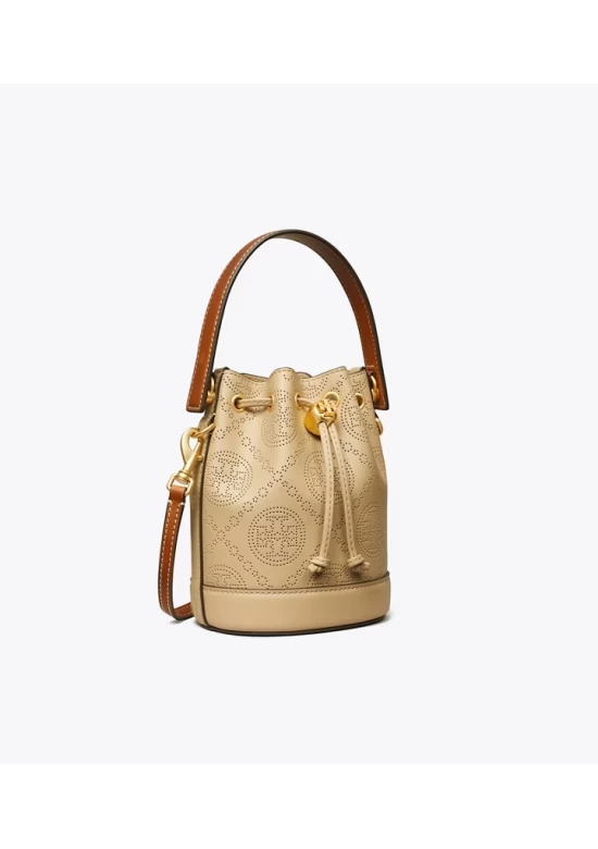 Tory Burch Mini T Monogram Perforated Leather Bucket Bag Almond Flour Women